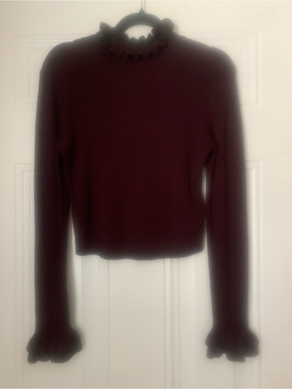 7 For All Mankind Burgundy Ribbed Ruffle Neck Cashmere Blend Sweater Size M